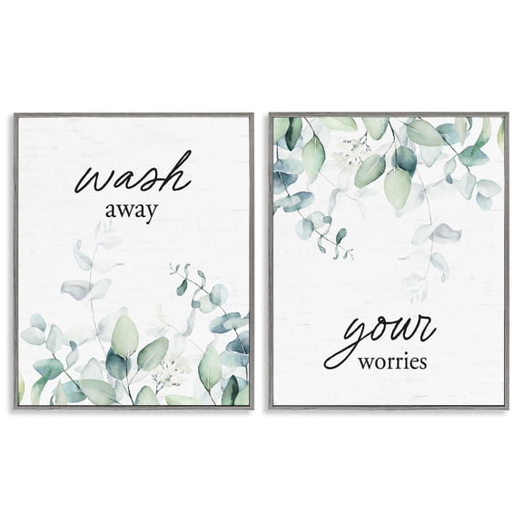 Wash Away Your Worries Leaves 2 Piece Gray Framed Giclee Art Set, design by Lettered and Lined