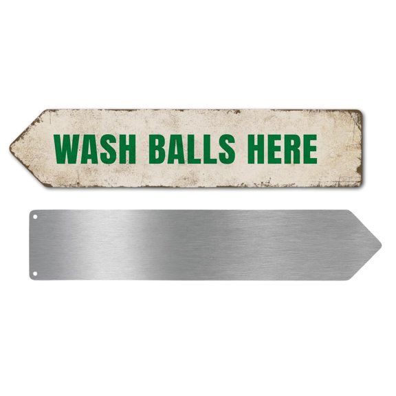 Wash Balls Here Metal Sign by DC | Arrow Metal Directional Signage for Indoor & Outdoor | 3x12" Rust-Free Aluminum Sign | Bathroom Signage UV Protected Road LEFT Arrow Sign | Made in USA
