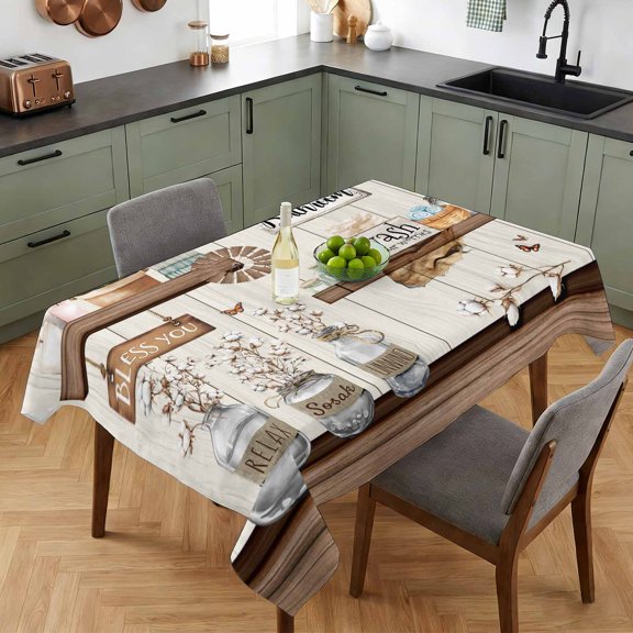 Wash Bathroom Words Table Cloth 52x70in, Waterproof Rectangle Tablecloth Wipeable Tablecloths Wood Board Background Table Covers for Dining Tables Party Indoor Outdoor