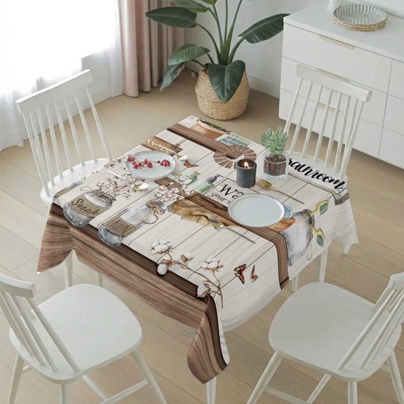 Wash Bathroom Words Table Cloth 54x54in, Waterproof Square Tablecloth Wipeable Tablecloths Wood Board Background Table Covers for Dining Tables Party Indoor Outdoor