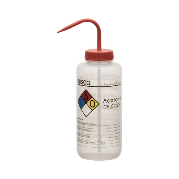 Wash Bottle for Acetone, 1000ml - Labeled with Color Coded Chemical & Safety Information (4 Colors) - Wide Mouth, Self Venting, Low Density Polyethylene - Eisco Labs