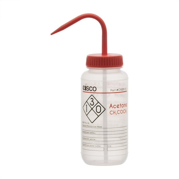 Wash Bottle for Acetone, 500ml - Labeled with Color Coded Chemical & Safety Information (2 Color) - Wide Mouth, Self Venting, Low Density Polyethylene - Eisco Labs