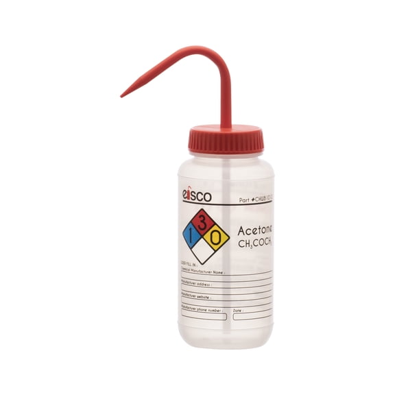 Wash Bottle for Acetone, 500ml - Labeled with Color Coded Chemical & Safety Information (4 Colors) - Wide Mouth, Self Venting, Low Density Polyethylene - Eisco Labs