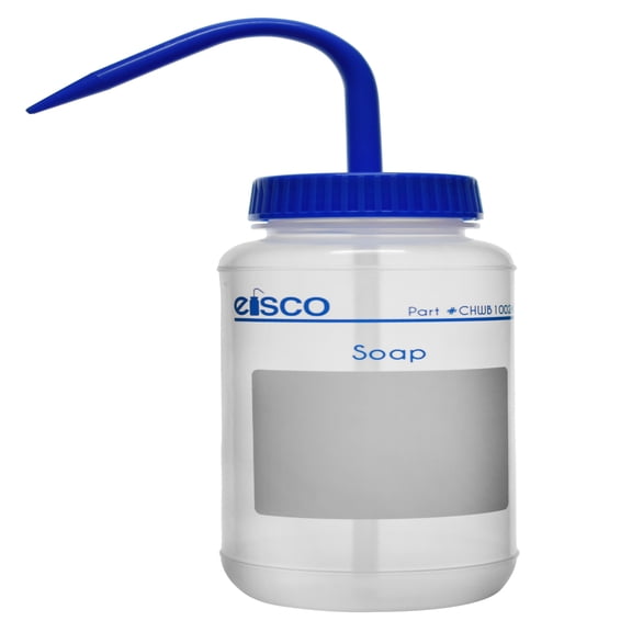 Wash Bottle for Soap, 500ml - Blank Label - Wide Mouth, Self Venting, Blue Cap, Low Density Polyethylene - Performance Plastics by Eisco Labs