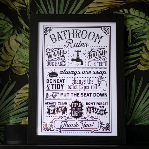 Wash Brush Flush Funny Bathroom Rules Wall Poster, Stretched Canvas 8x10in