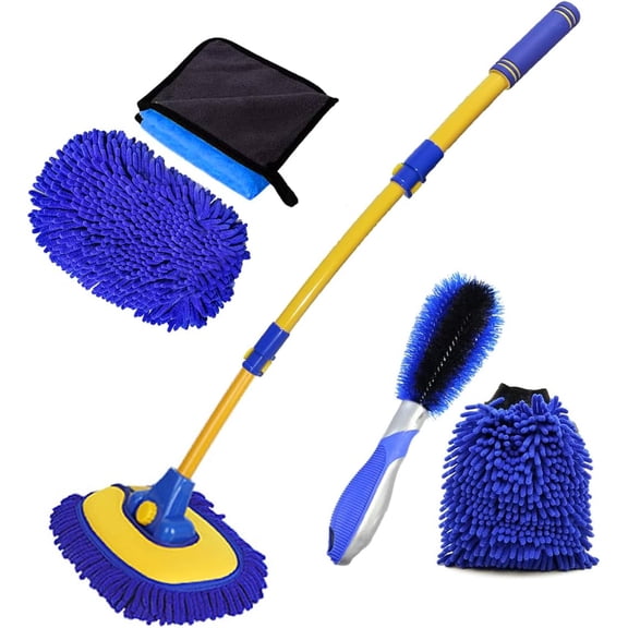 Wash Brush With Long Handle, Chenille Microfiber Mop Mitt, 1 Replacement , Wheel Brush Extension Pole, Cleaning Kit With Towels for 5 count