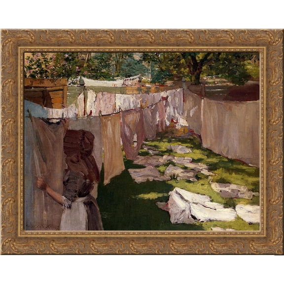 Wash Day - A Back Yard Reminiscence of Brooklyn 24x20 Gold Ornate Wood Framed Canvas Art by William Merritt Chase