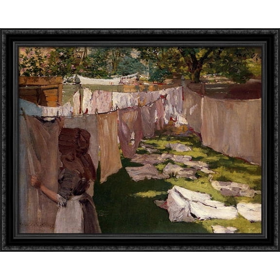 Wash Day - A Back Yard Reminiscence of Brooklyn 34x28 Large Black Ornate Wood Framed Canvas Art by William Merritt Chase
