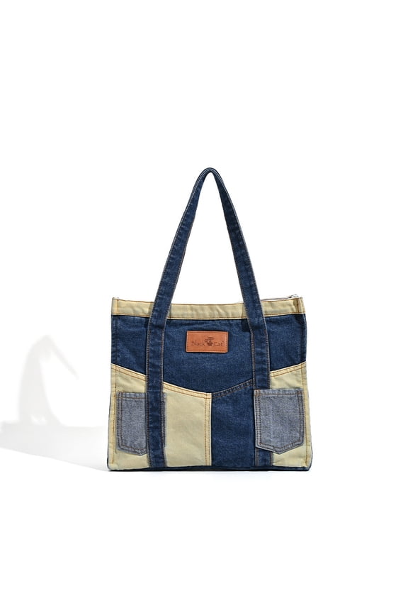 Wash Denim Color-Block Patchwork Irregular Large Capacity Tote Shoulder Crossbody Handheld Bag Fashion Women Bag Unique Style in Pattern for Daily Outfits