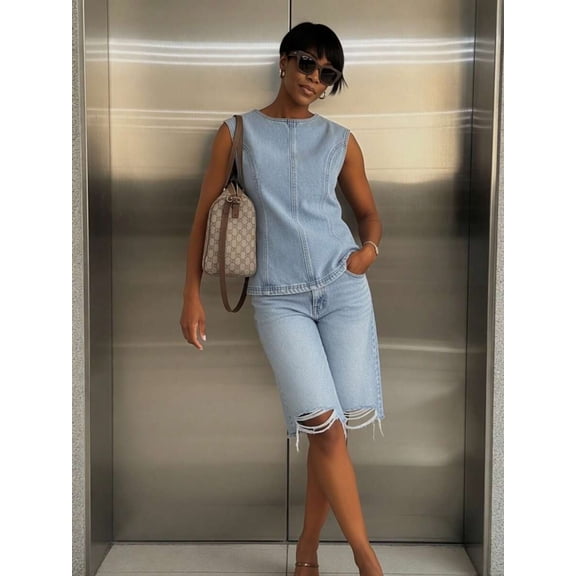 Wash Denim Sleeveless Seamed Vest Raw Hem Wide Leg Culottes Two Piece Set