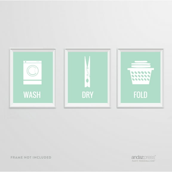 Wash, Dry, Fold Mint Green Laundry Room Wall Art Decor Graphic Signs, 3-Pack