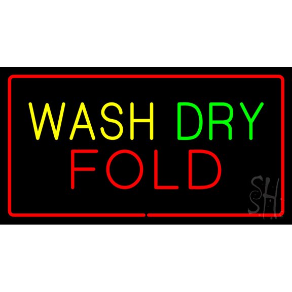 Wash Dry Fold Red Border LED Neon Sign 13" Tall x 24" Wide - inches, Black Square Cut Acrylic Backing, with Dimmer - Bright and Premium built indoor LED Neon Sign for Storefront.