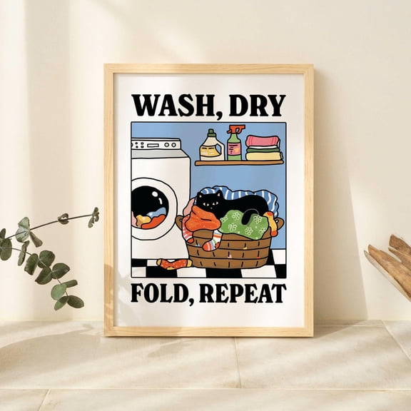 Wash Dry Fold Repeat Cat Cute Bathroom Wash Room Retro Laundry Decor, Unframed Paper Print Size 8x12