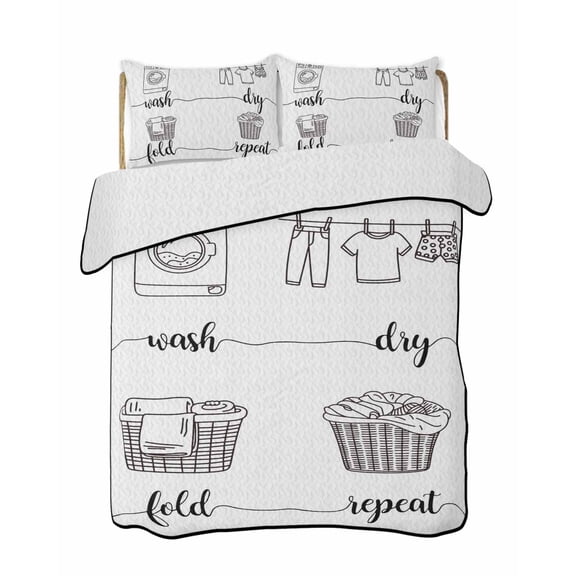 Wash Dry Fold Repeat Quilts Bedding Set Twin Size Washing Machine Clothes Basket Lightweight Quilted Bedspread 3 Piece Bed Quilt with 2 Pillow Shams All Season for Bedroom 68" x 86"
