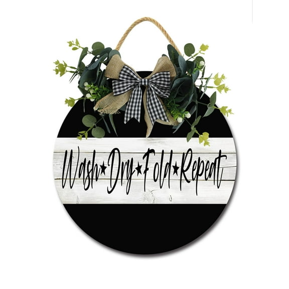 Wash Dry Fold Repeat Sign Front Door Porch Decorations, Round Rustic Wood Hanging Sign for Farmhouse Porch Outdoor Home Holiday Front Door Sign Decor