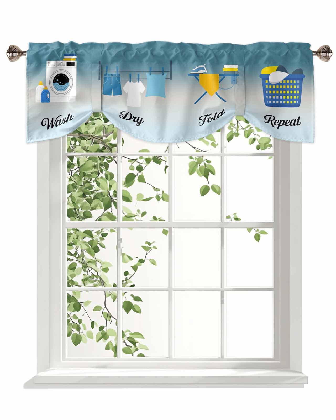 Wash Dry Fold Repeat Tie Up Valances Curtain, Laundry Clothes Gradient Blue Kitchen Valances for Windows Decor, Rod Pocket Short Curtains Set for Bedroom/Bathroom, 54"x18"