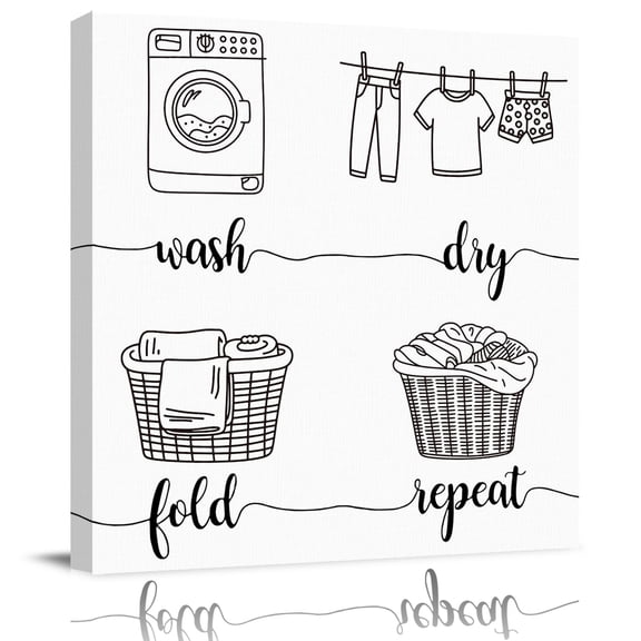 Wash Dry Fold Repeat Words Canvas Artwork Painting Art, Cartoon Laundry Steps Square Framed Wall Decorations Prints Picture for Bedroom Kitchen Living Room, 8x8 in
