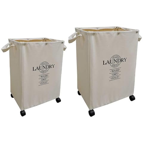 Tan Collapsible Laundry Hampers with Wheels, Set of 2