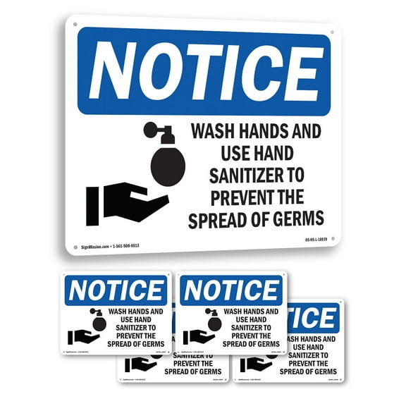 Wash Hands And Use Hand Sanitizer OSHA Notice Aluminum Sign 10 Inch x 7 Inch - 5 Pack