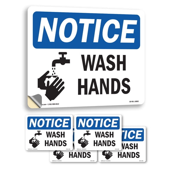 Wash Hands OSHA Notice Vinyl Decal Label 5 Inch x 3.5 Inch - 5 Pack