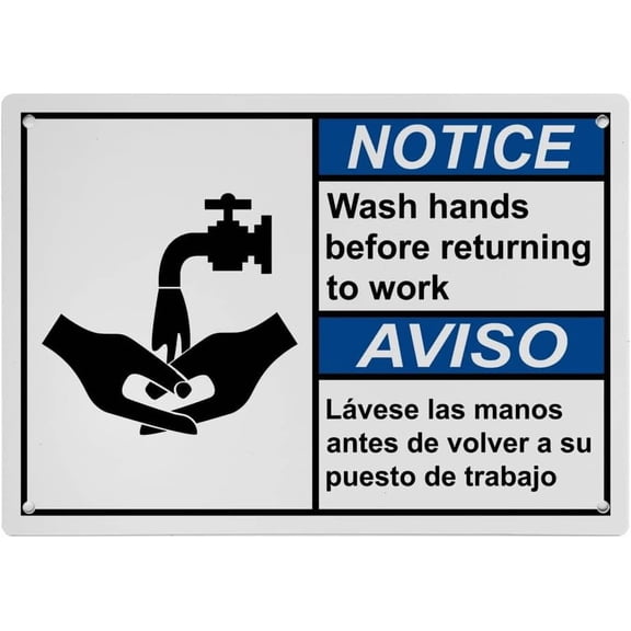 Wash Hands Sign ANSI Safety Sign 8"x12" UV Resistant Plastic Indoor Outdoor (Bilingual: Before Returning to Work)