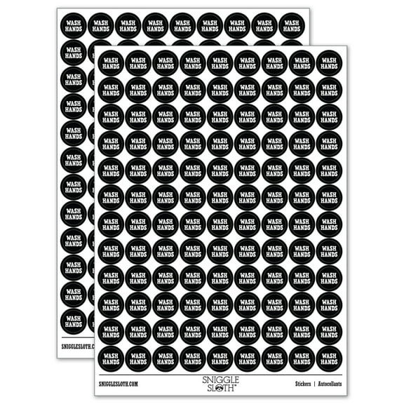 Wash Hands Text 200+ Round Stickers - Black - Gloss Finish - 0.50" Size