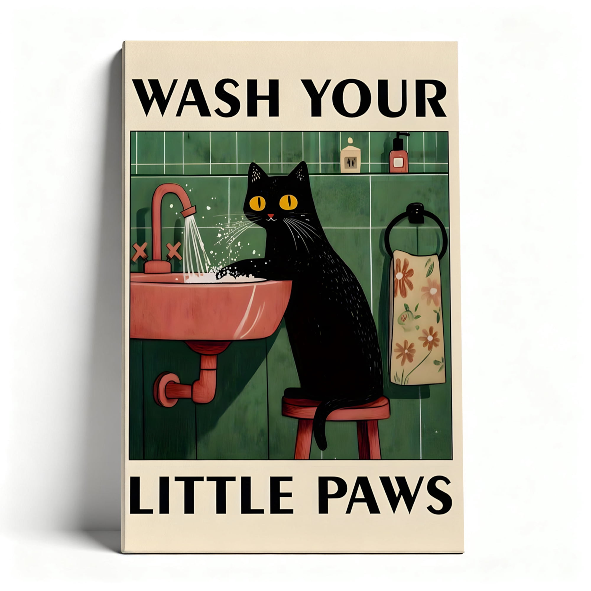 Wash Your Little Paws Black Cat Canvas Wall Art, Funny Bathroom Decor ...