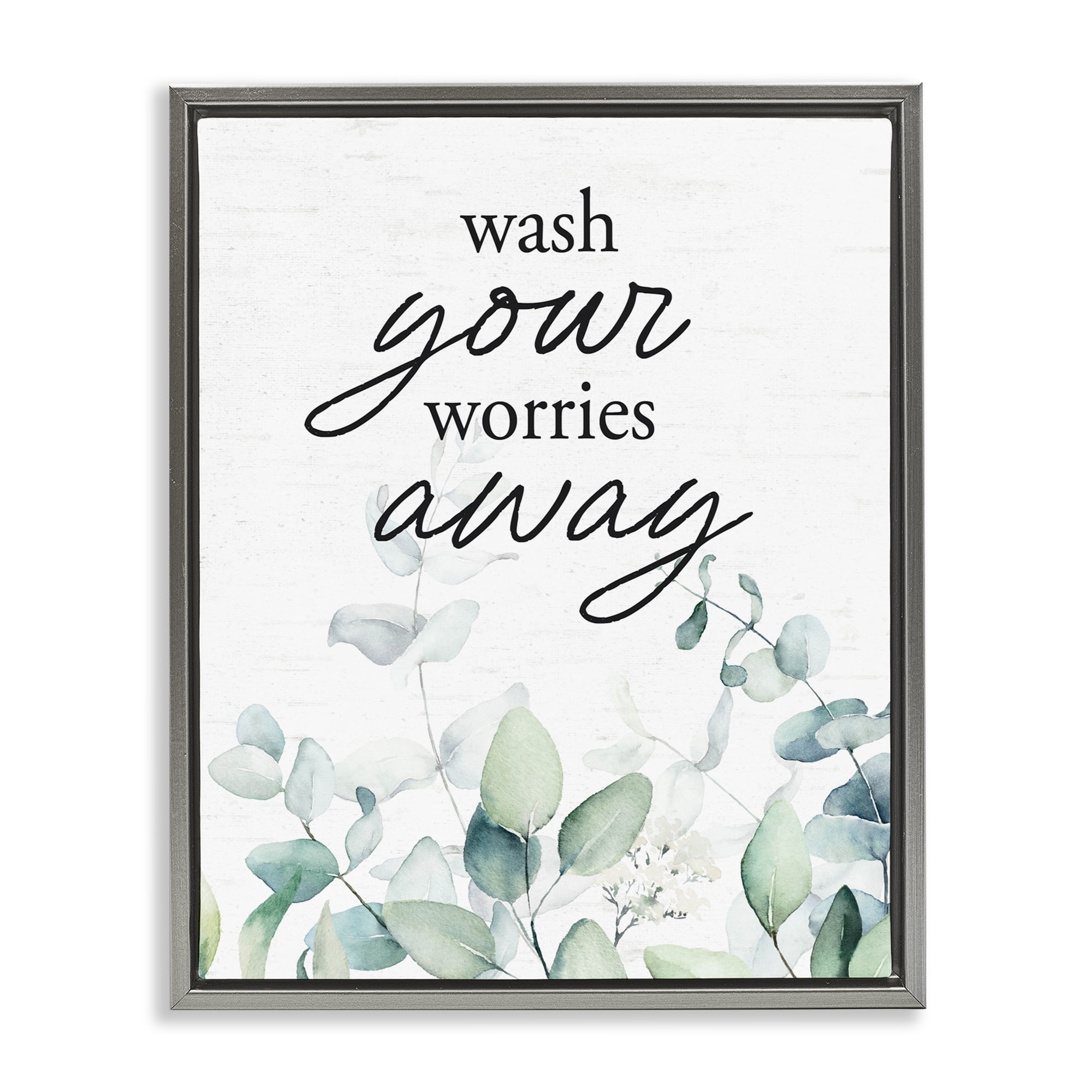 Wash Worries Away Herb Leaves Gray Framed Floater Canvas Wall Art, design by Lettered and Lined
