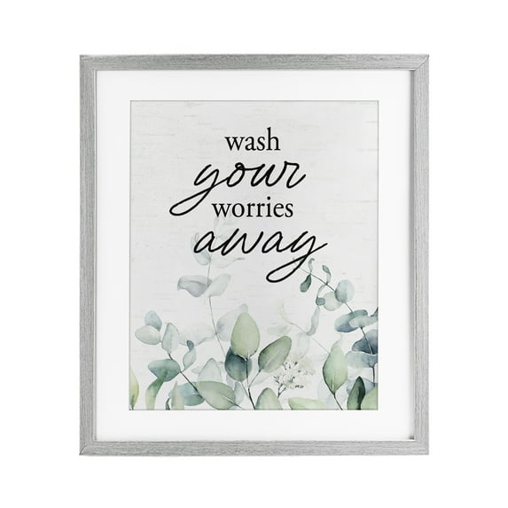 Wash Worries Away Herb Leaves Gray Framed Print Under Glass, design by Lettered and Lined