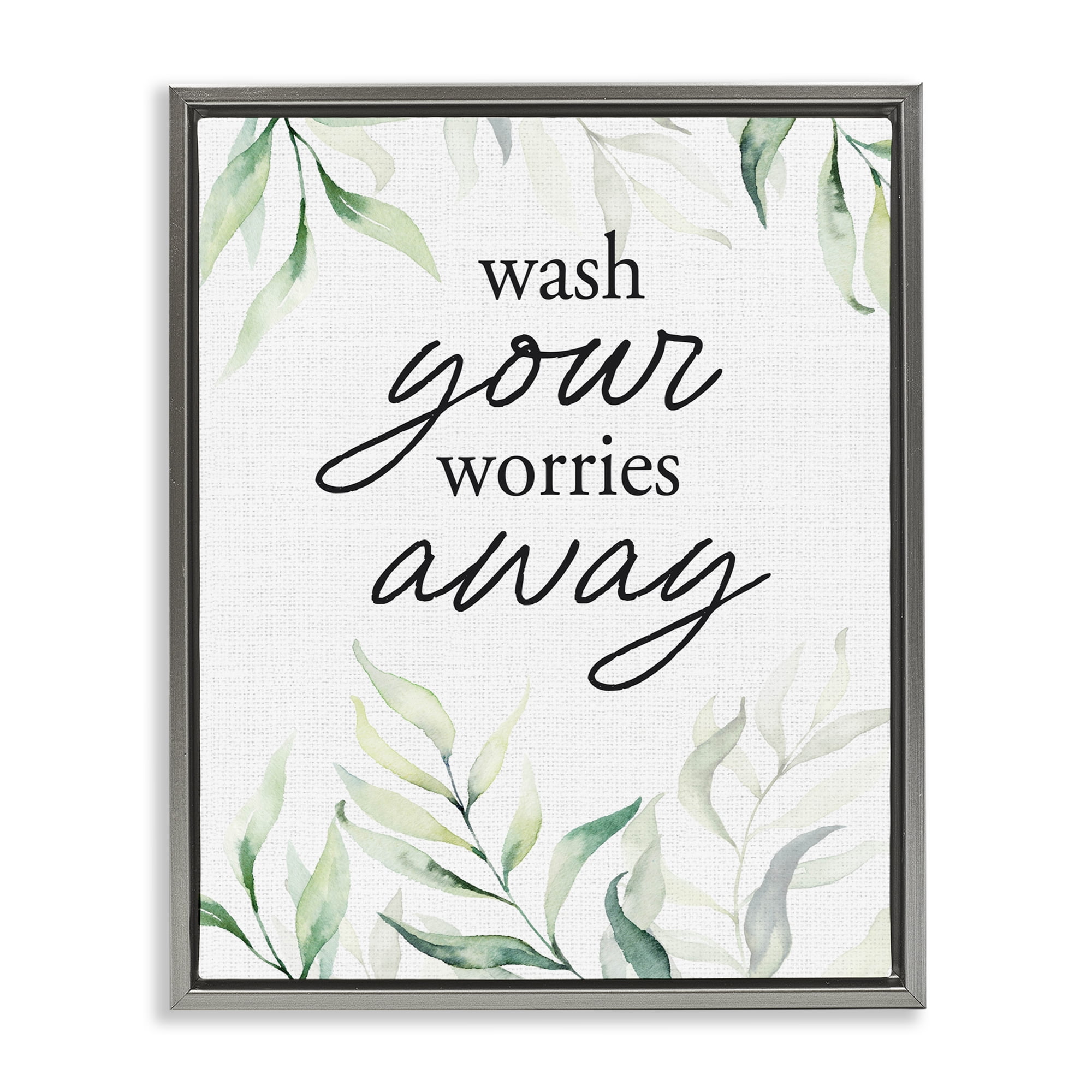 Wash Worries Away Leaves Gray Framed Floater Canvas Wall Art, design by Lettered and Lined