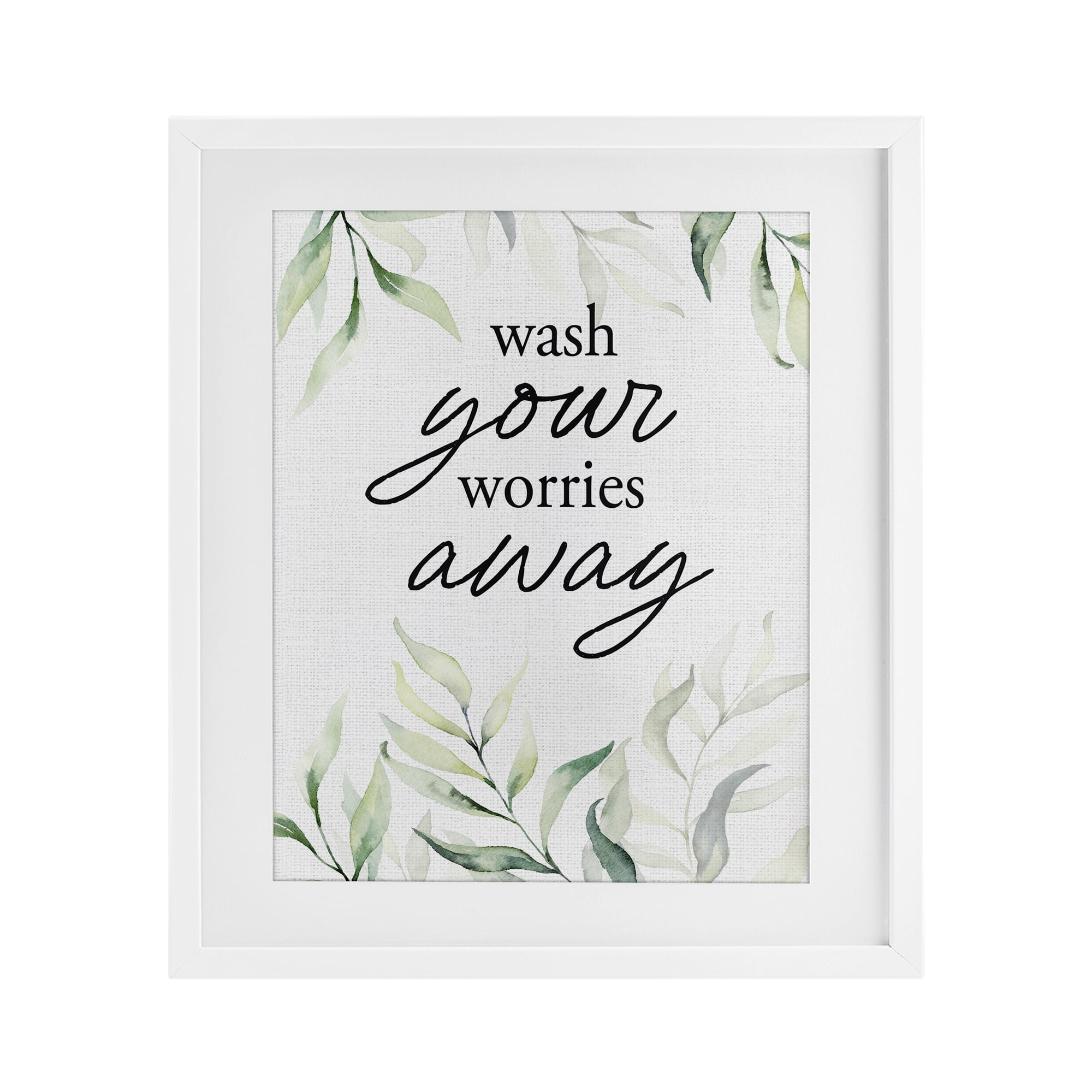Wash Worries Away Leaves White Framed Print Under Glass, design by Lettered and Lined