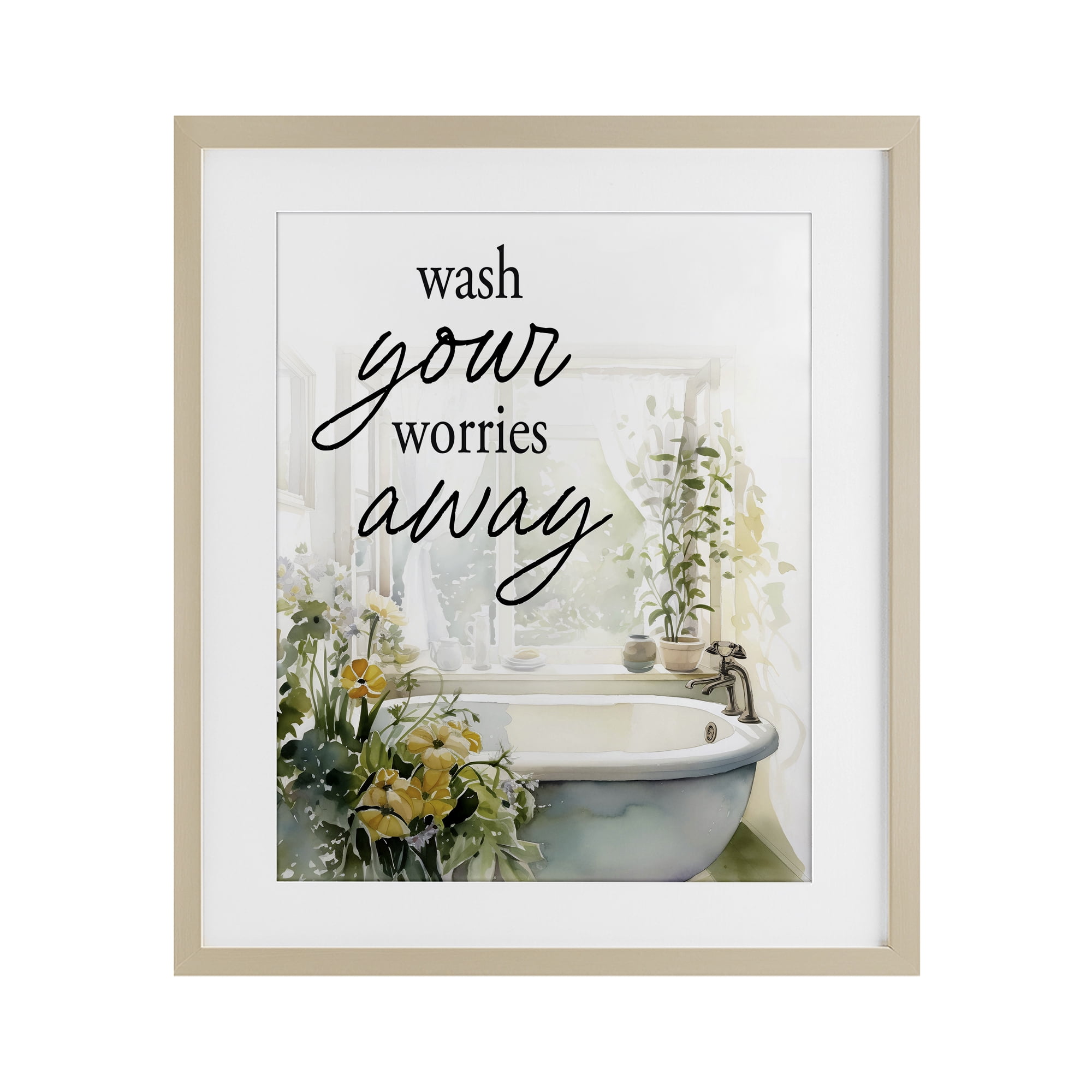 Wash Worries Away Sunlit Bath Birch Framed Print Under Glass, design by Lettered and Lined