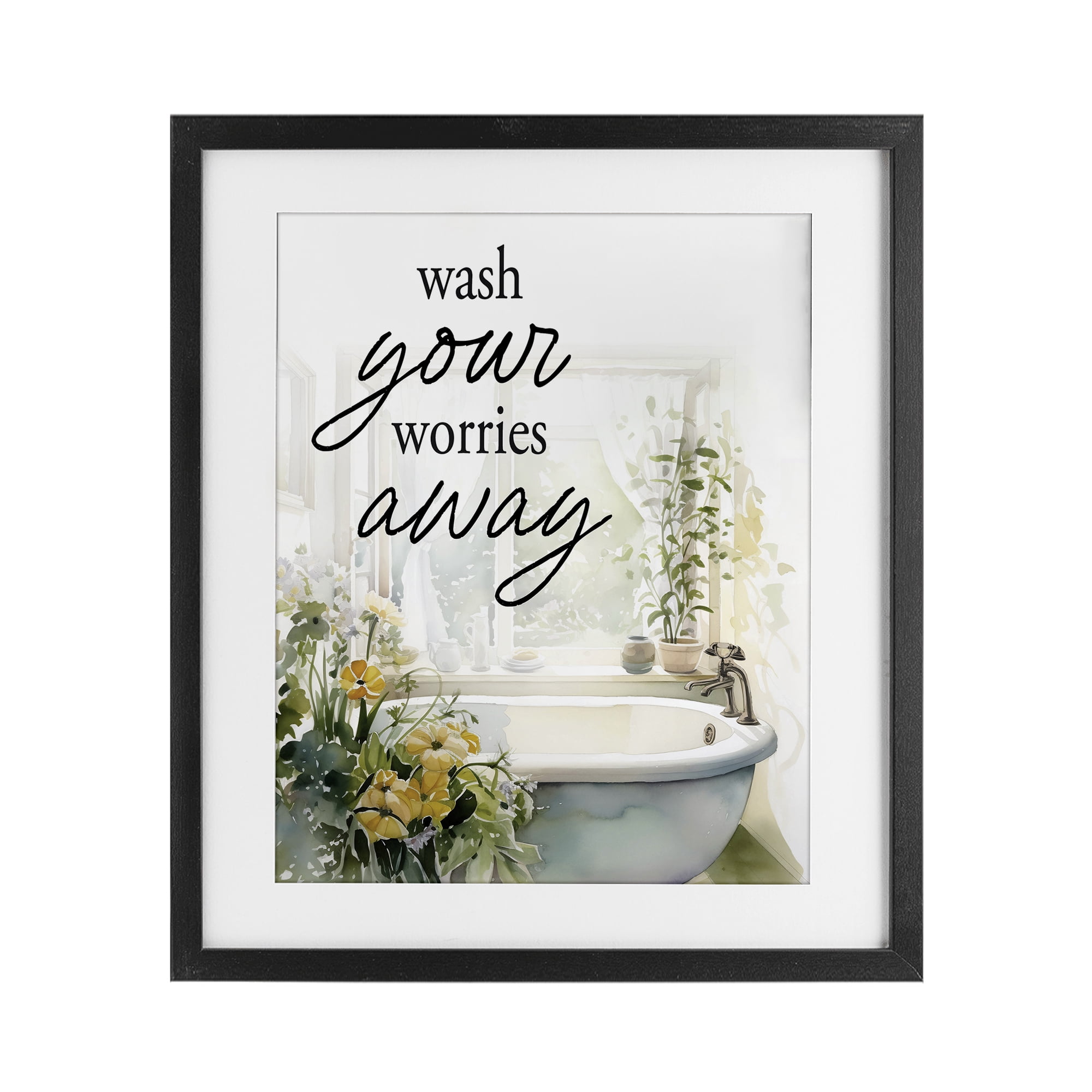 Wash Worries Away Sunlit Bath Black Framed Print Under Glass, design by Lettered and Lined