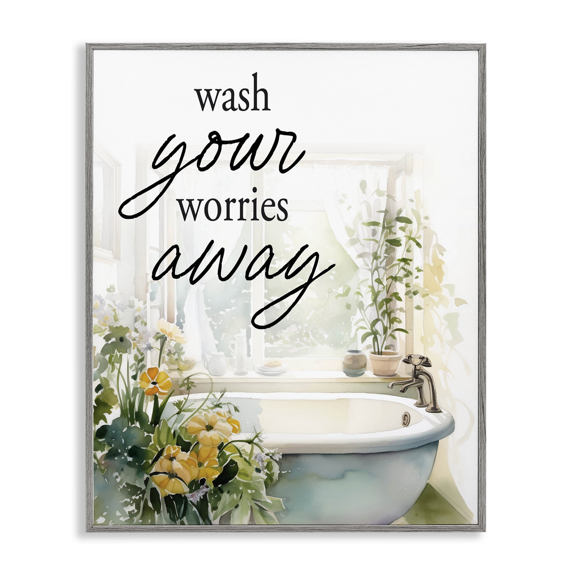Wash Worries Away Sunlit Bath Gray Framed Giclee Art, design by Lettered and Lined