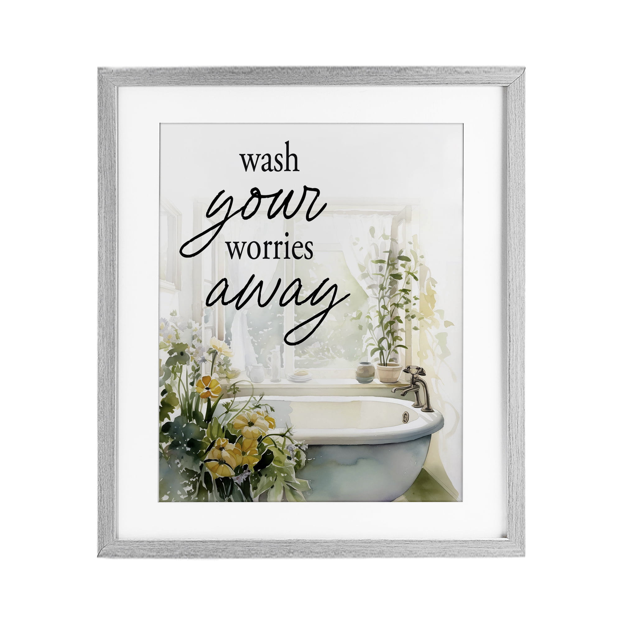 Wash Worries Away Sunlit Bath Gray Framed Print Under Glass, design by Lettered and Lined