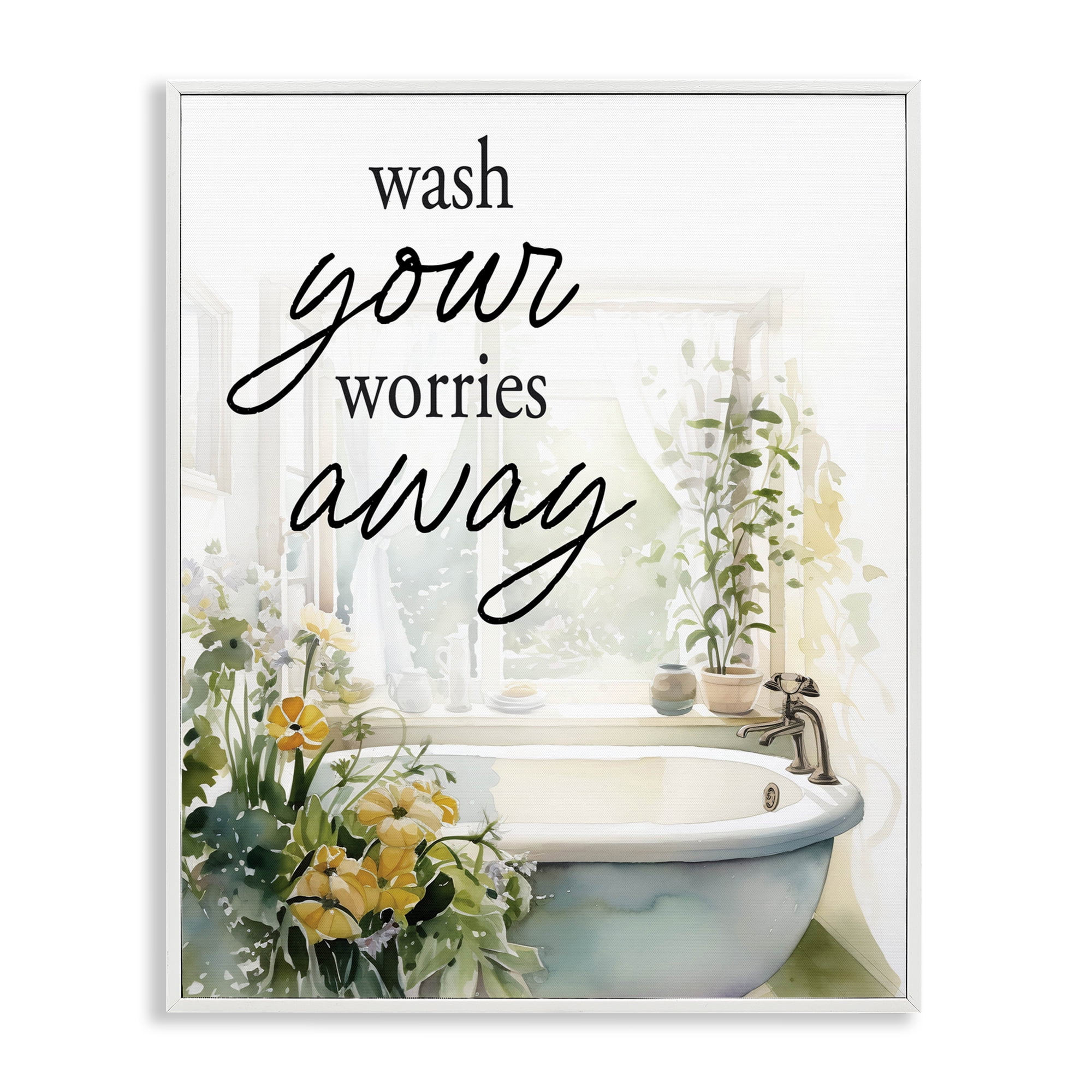 Wash Worries Away Sunlit Bath White Framed Giclee Art, design by Lettered and Lined