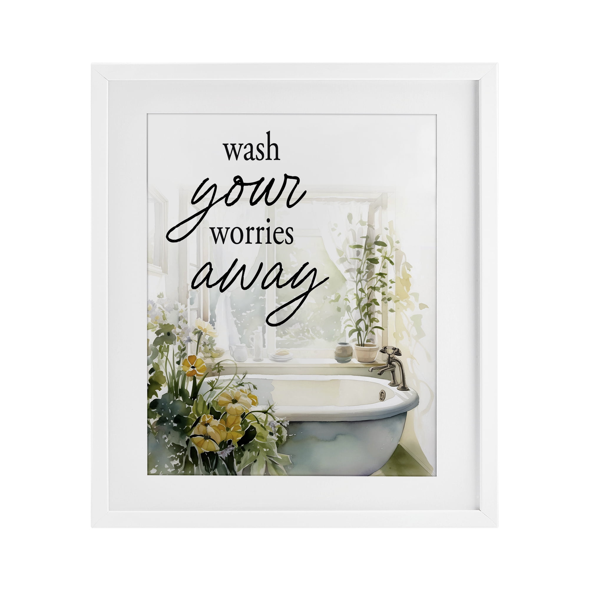 Wash Worries Away Sunlit Bath White Framed Print Under Glass, design by Lettered and Lined
