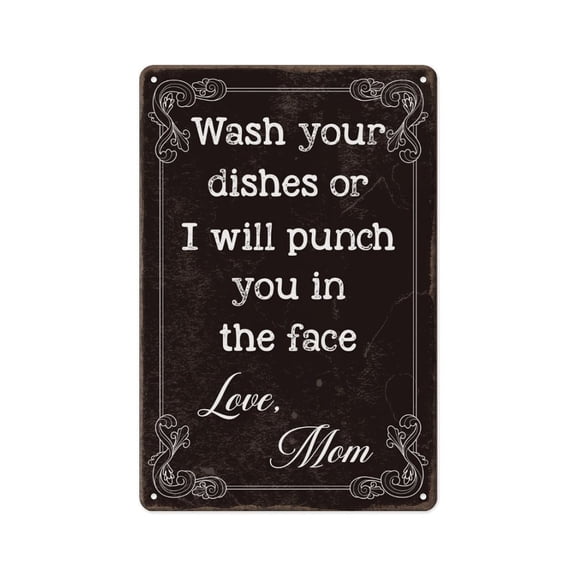 "Wash Your Dishes Love Mom" Funny Kitchen Metal Sign, Humorous Mom Quote Wall Art, Retro Farmhouse Decor