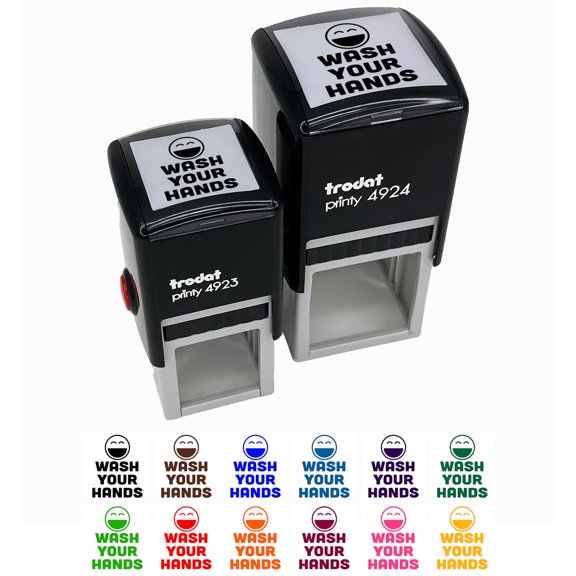 Wash Your Hands Happy Face Teacher Motivation Self-Inking Rubber Stamp Ink Stamper - Green Ink - Small 1 Inch