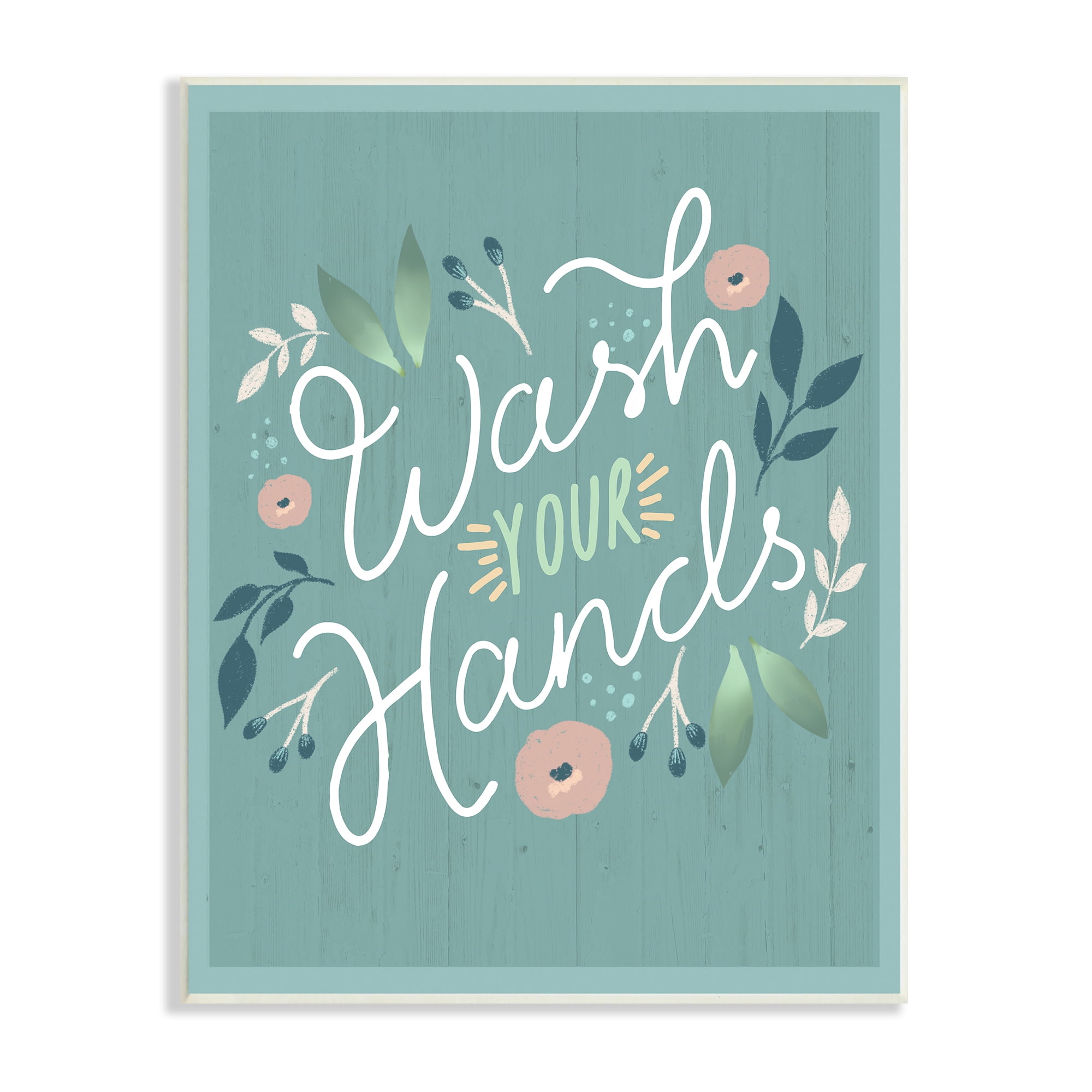 Wash Your Hands Pink Florals Green Farmhouse Pattern 13 in x 19 in Framed Drawing Art Print, by Stupell Home Décor
