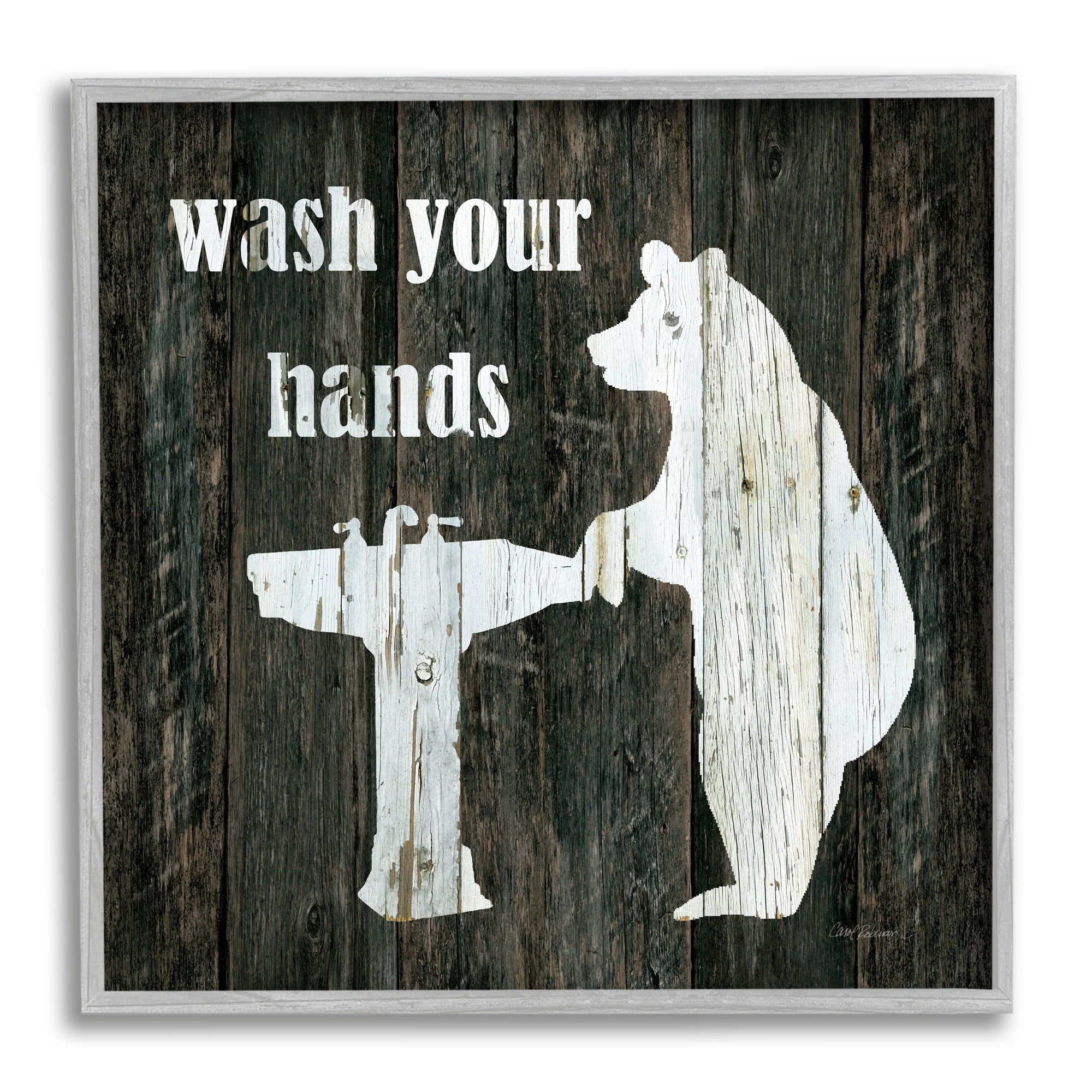 Wash Your Hands Rustic Bathroom Wilderness Bear Sink Animals & Insects Framed Art Print Wall Art, 17x17