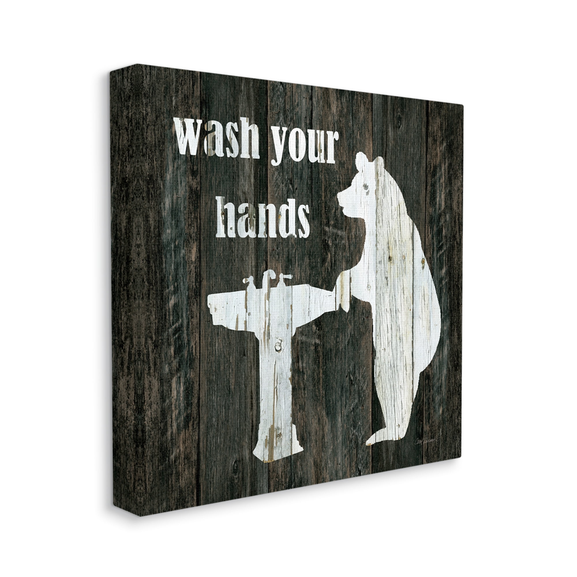 Wash Your Hands Rustic Bathroom Wilderness Bear Sink Animals & Insects Gallery-Wrapped Canvas Print Wall Art, 17x17