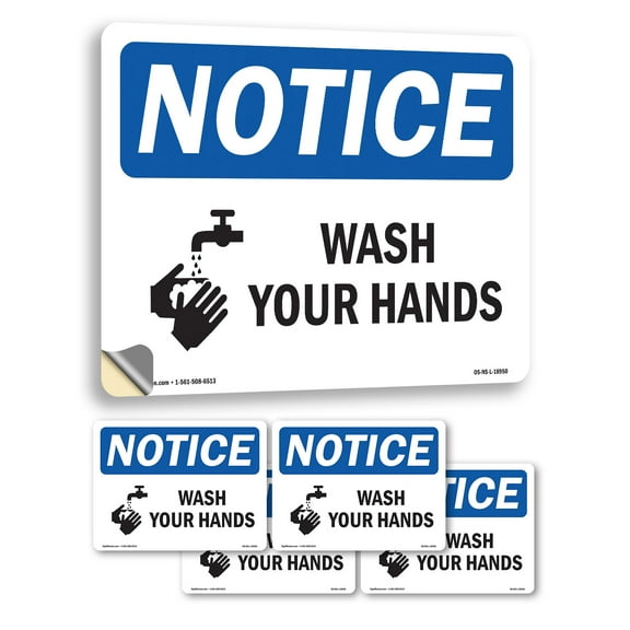 Wash Your Hands With Symbol OSHA Notice Vinyl Decal Label 5 Inch x 3.5 Inch - 5 Pack