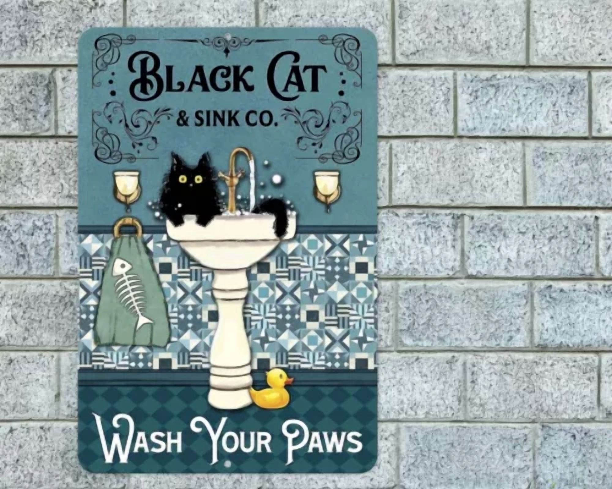 Wash Your Paws Black Cat Sign Aluminum Metal 8"X12" Funny Rustic ...
