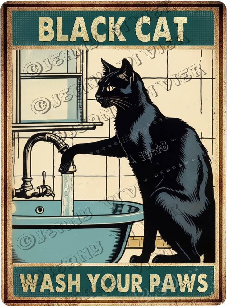 Wash Your Paws Black Cat Sink Co Vintage Aluminum Sign 12x8 IN Funny ...
