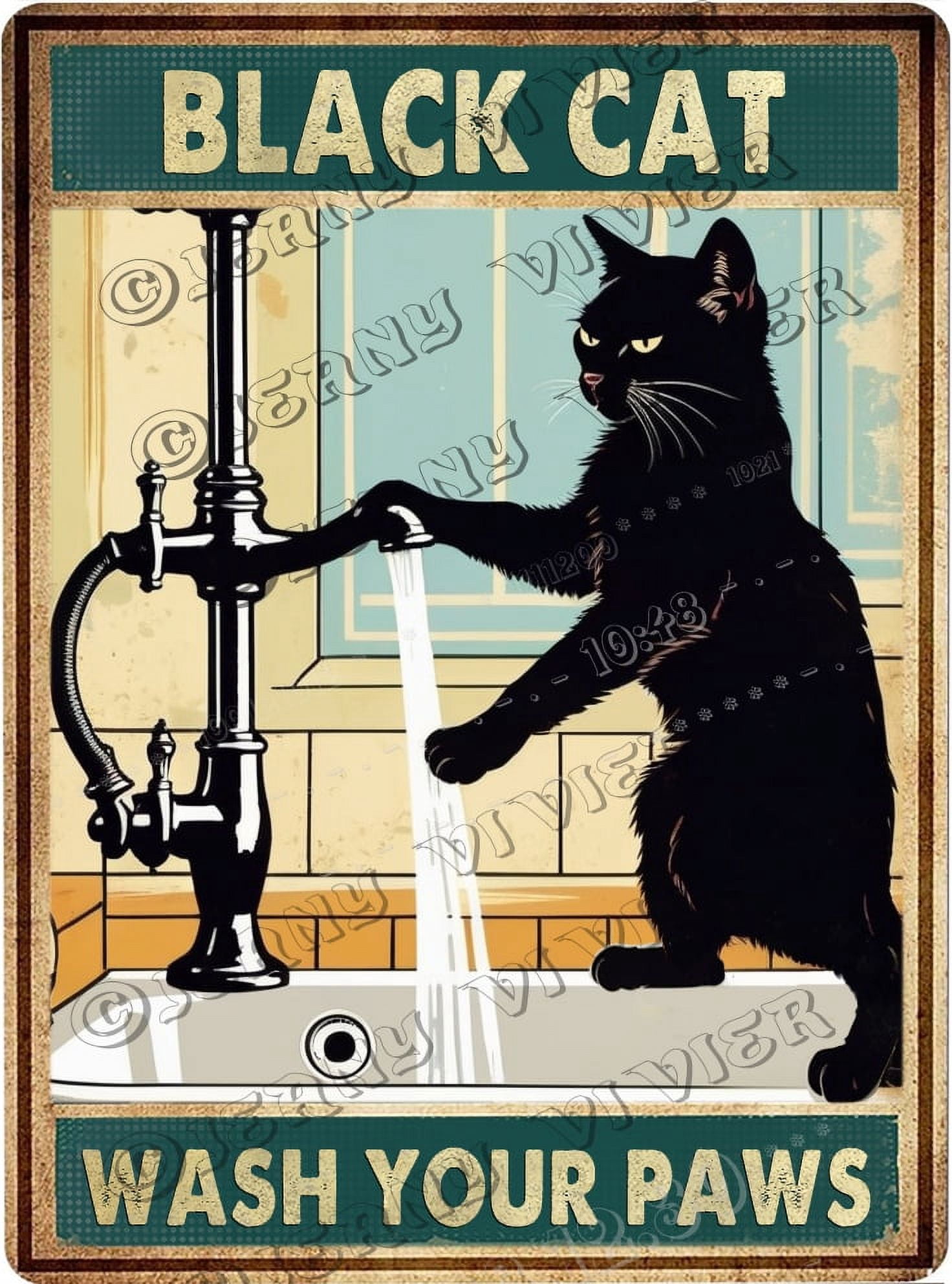 Wash Your Paws Black Cat Sink Co Vintage Aluminum Sign 5.5x8 IN Funny ...