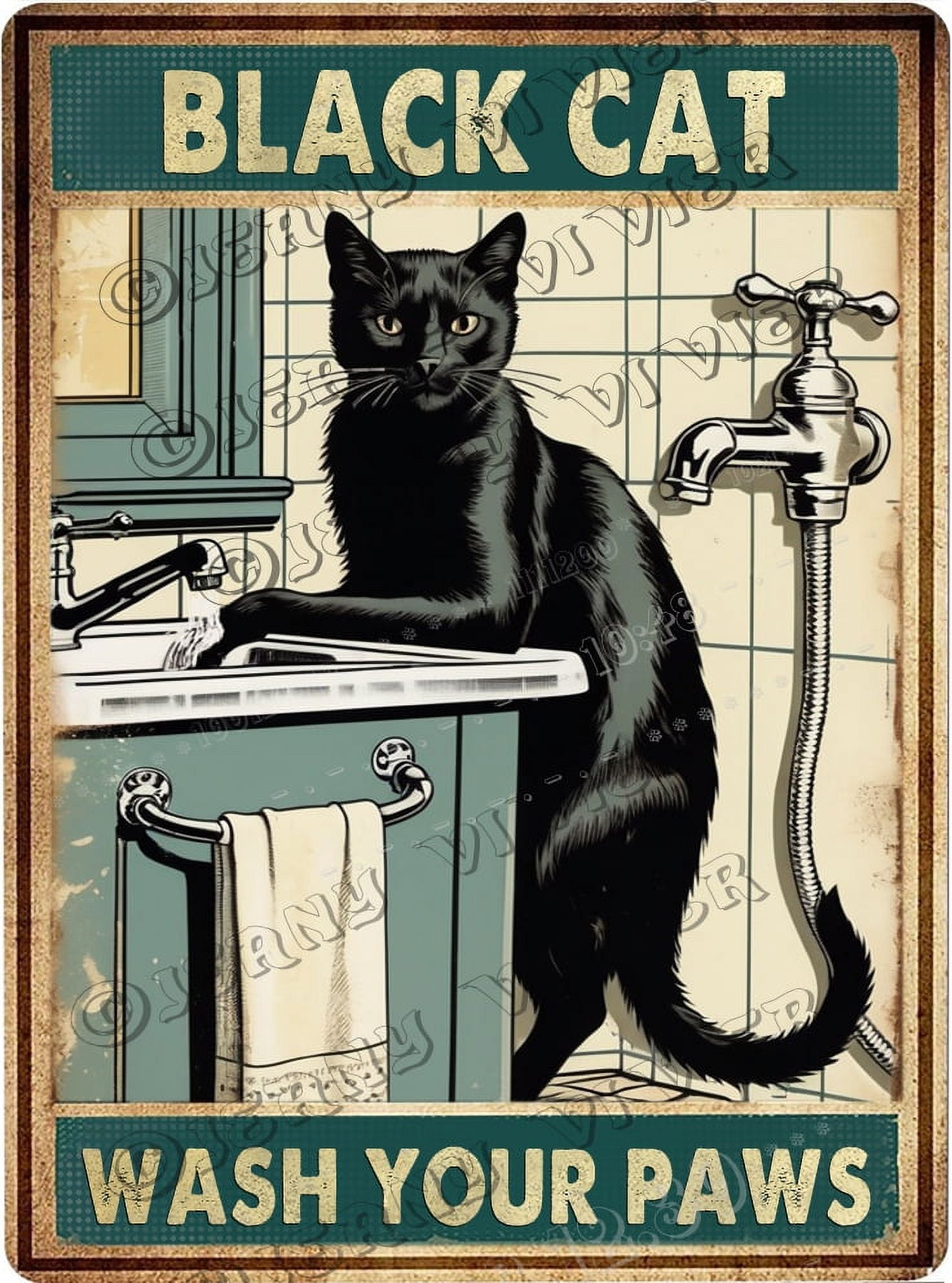 Wash Your Paws Black Cat Vintage Aluminum Sign 5.5x8 IN Funny Bathroom ...
