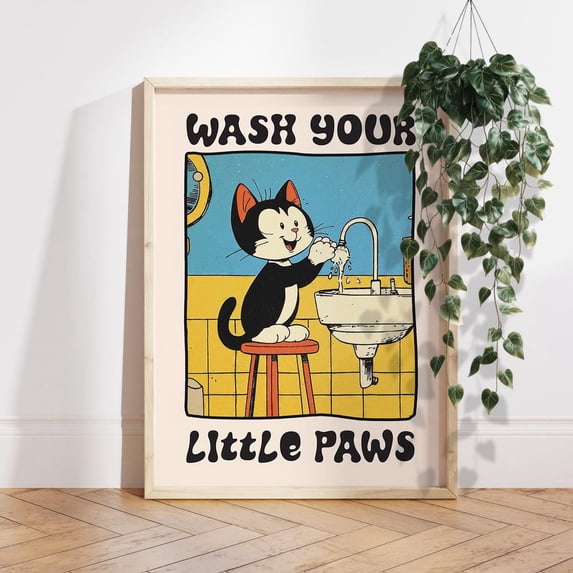 Wash Your Paws Cat Cute Bathroom Wall Decor, Unframed Canvas 24x36in