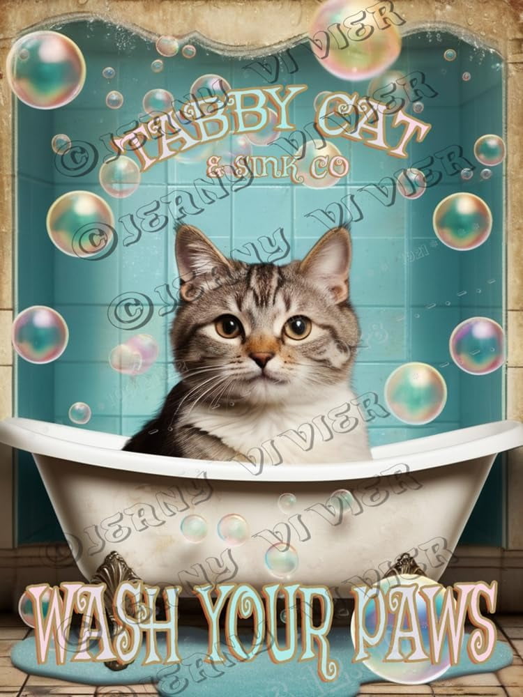 Wash Your Paws Tabby Cat Retro Aluminum Sign for Guest Bathroom Rest ...