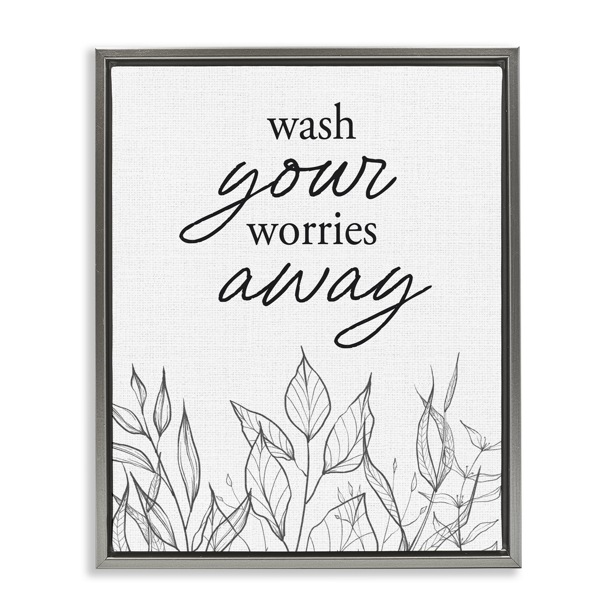 Wash Your Worries Away Minimalist Gray Framed Floater Canvas Wall Art, design by Lettered and Lined